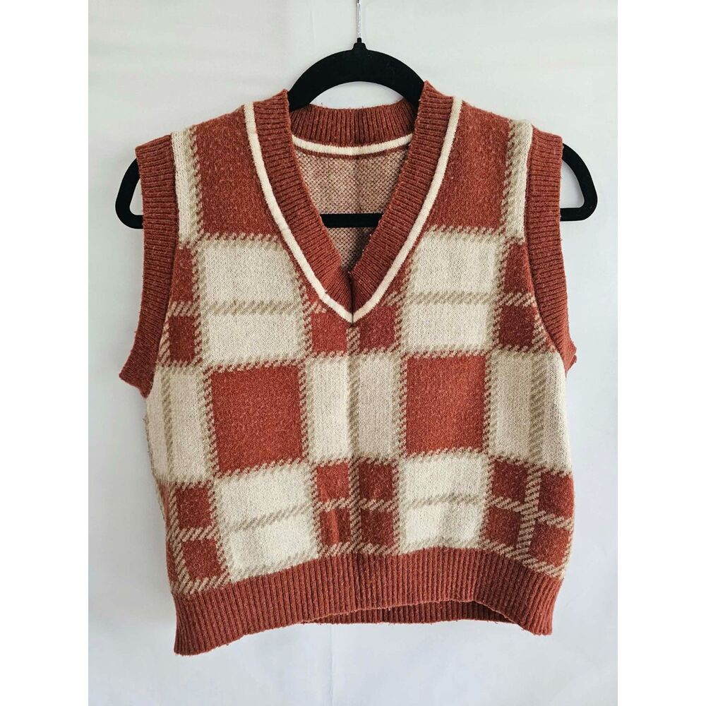 Rust & Cream Plaid Sweater Vest Women's M Cottagecore Academia Preppy Knit